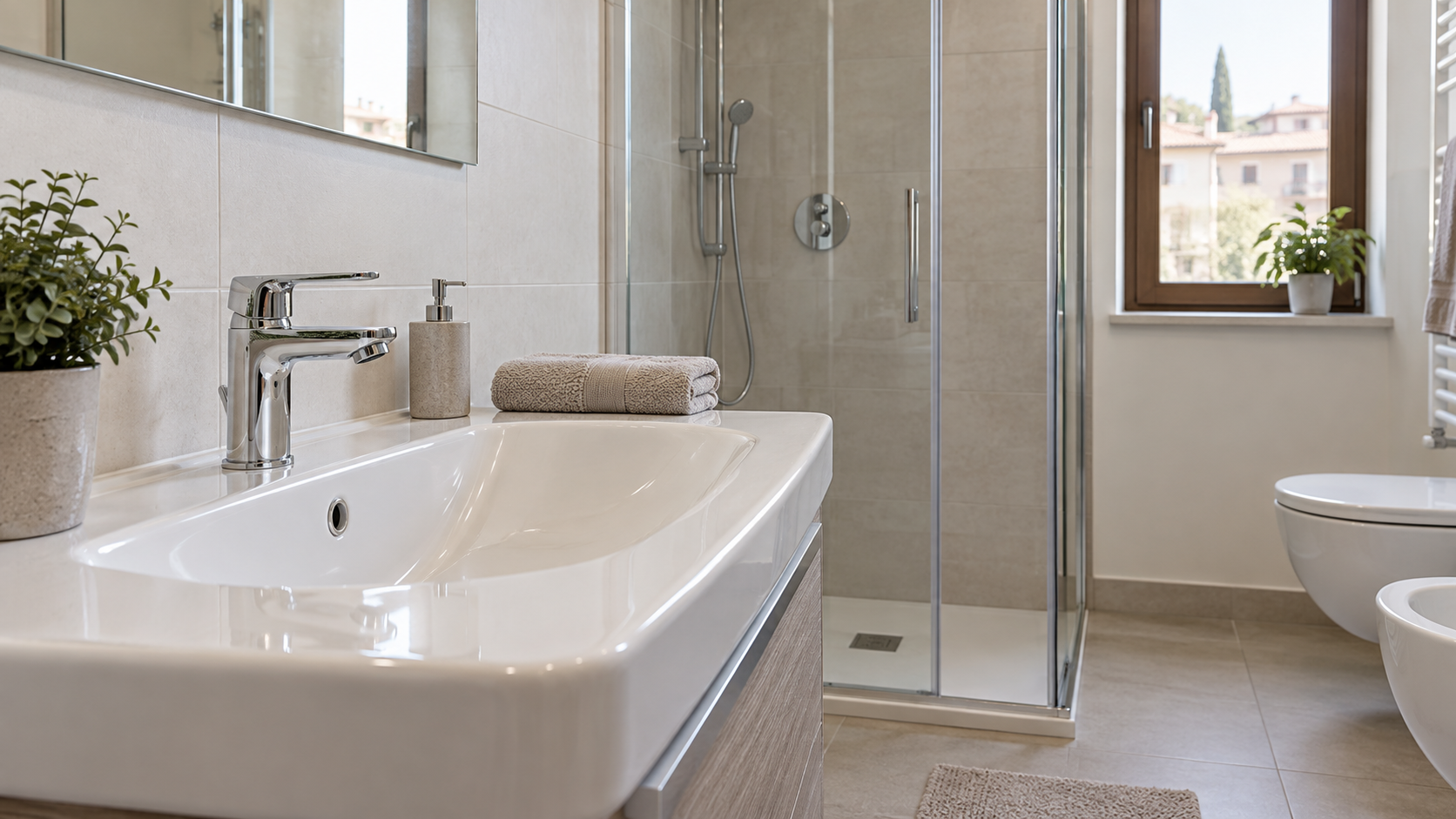 Lavabo e doccia di un bagno domestico luminoso con rubinetteria integra