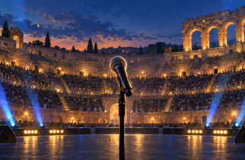 Illustrazione di un microfono sul palco di un anfiteatro illuminato per un concerto serale