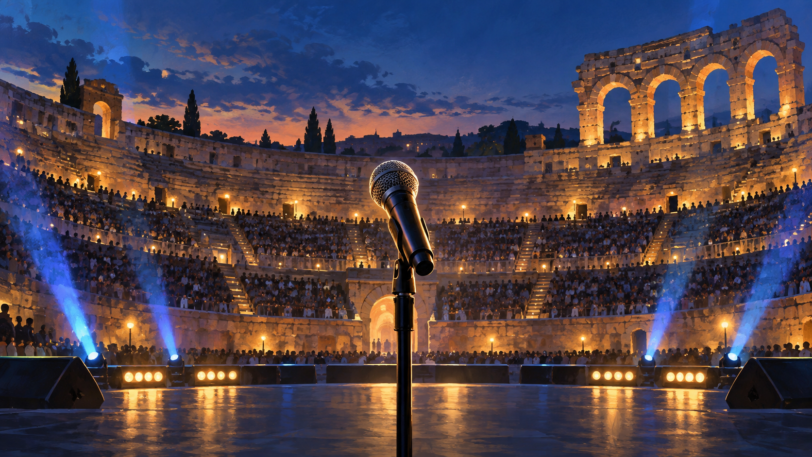 Illustrazione di un microfono sul palco di un anfiteatro illuminato per un concerto serale