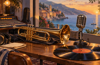 Tromba, microfono e vinile in uno studio illustrato affacciato idealmente sul mare ligure