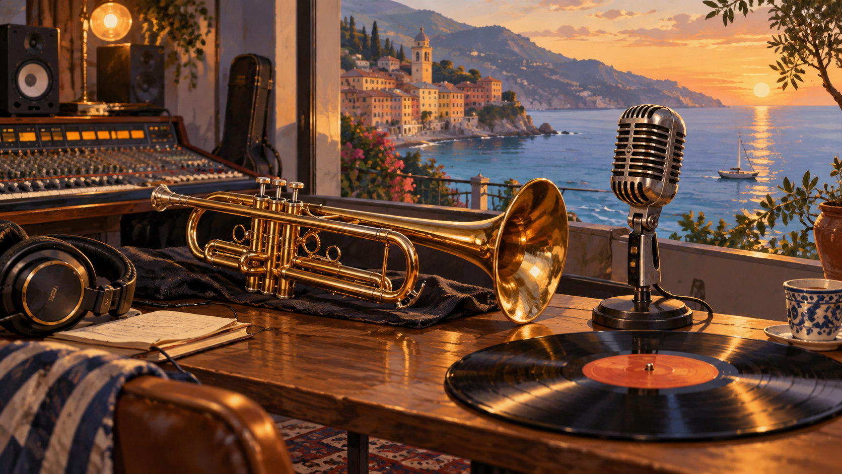 Tromba, microfono e vinile in uno studio illustrato affacciato idealmente sul mare ligure