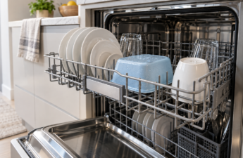 Lavastoviglie aperta con piatti puliti e gocce d’acqua su un contenitore di plastica nel cestello superiore
