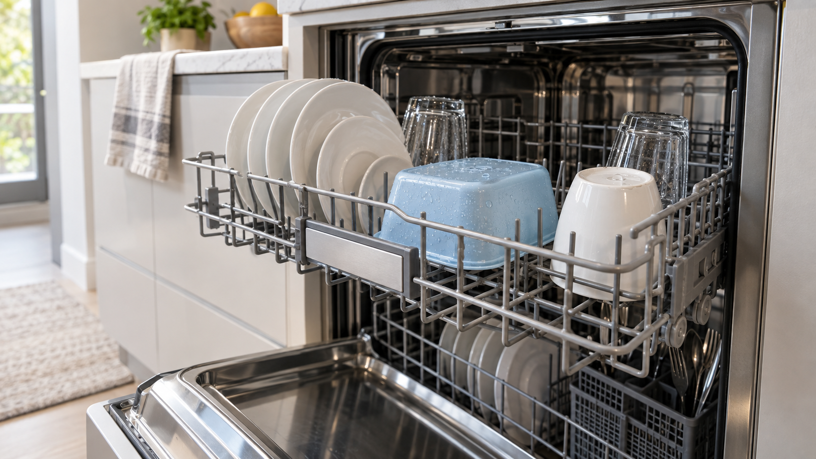 Lavastoviglie aperta con piatti puliti e gocce d’acqua su un contenitore di plastica nel cestello superiore