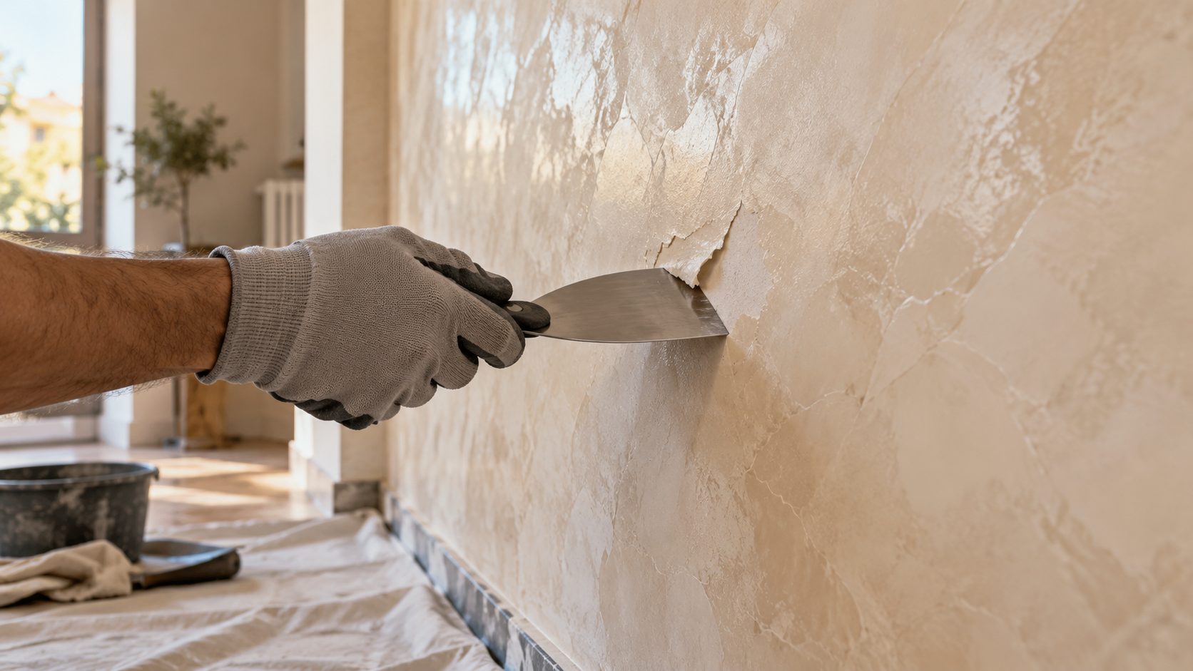 Mano con guanto che usa una spatola per rimuovere una piccola porzione di stucco veneziano da una parete beige
